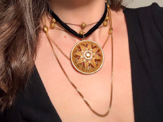 Black Velvet Choker Necklace with Gold Sunburst Pendant, Vintage Gothic Signed Lisner Gold Medallion Necklace