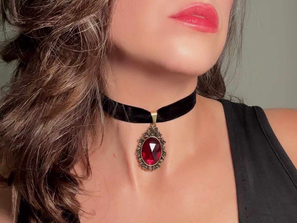 Black Velvet Choker Necklace with Red Bezel Set Crystal, Antique Gold Floral Pendant, Victorian Ribbon Choker with Glowing Faceted Cabochon