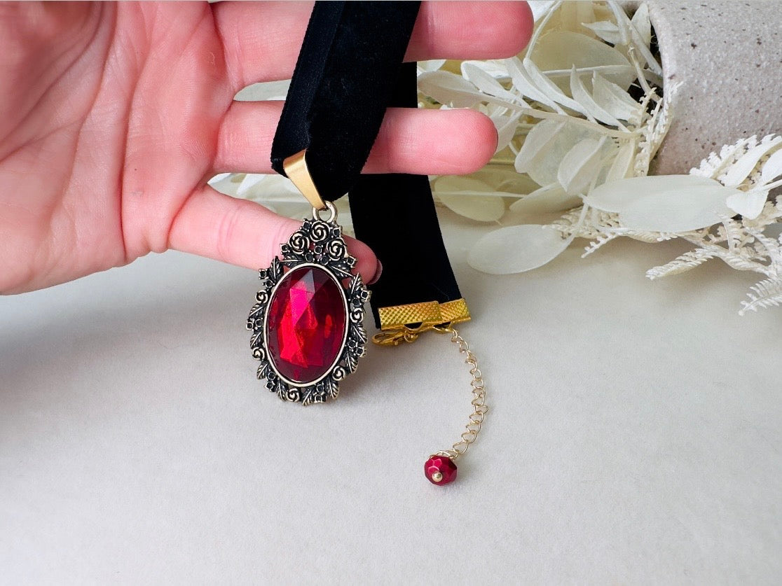 Black Velvet Choker Necklace with Red Bezel Set Crystal, Antique Gold Floral Pendant, Victorian Ribbon Choker with Glowing Faceted Cabochon