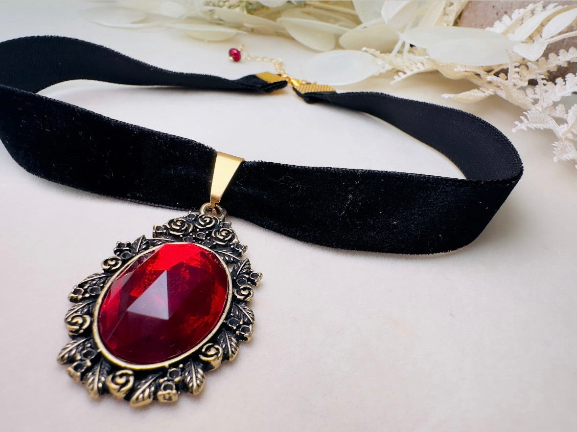 Black Velvet Choker Necklace with Red Bezel Set Crystal, Antique Gold Floral Pendant, Victorian Ribbon Choker with Glowing Faceted Cabochon