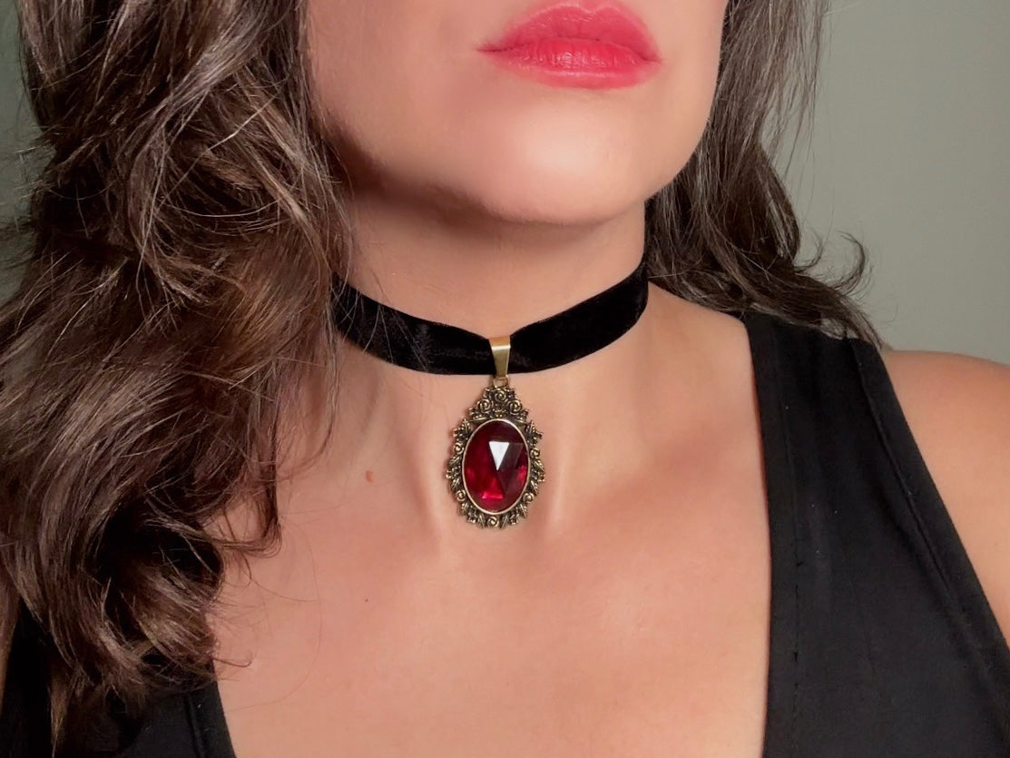 Black Velvet Choker Necklace with Red Bezel Set Crystal, Antique Gold Floral Pendant, Victorian Ribbon Choker with Glowing Faceted Cabochon