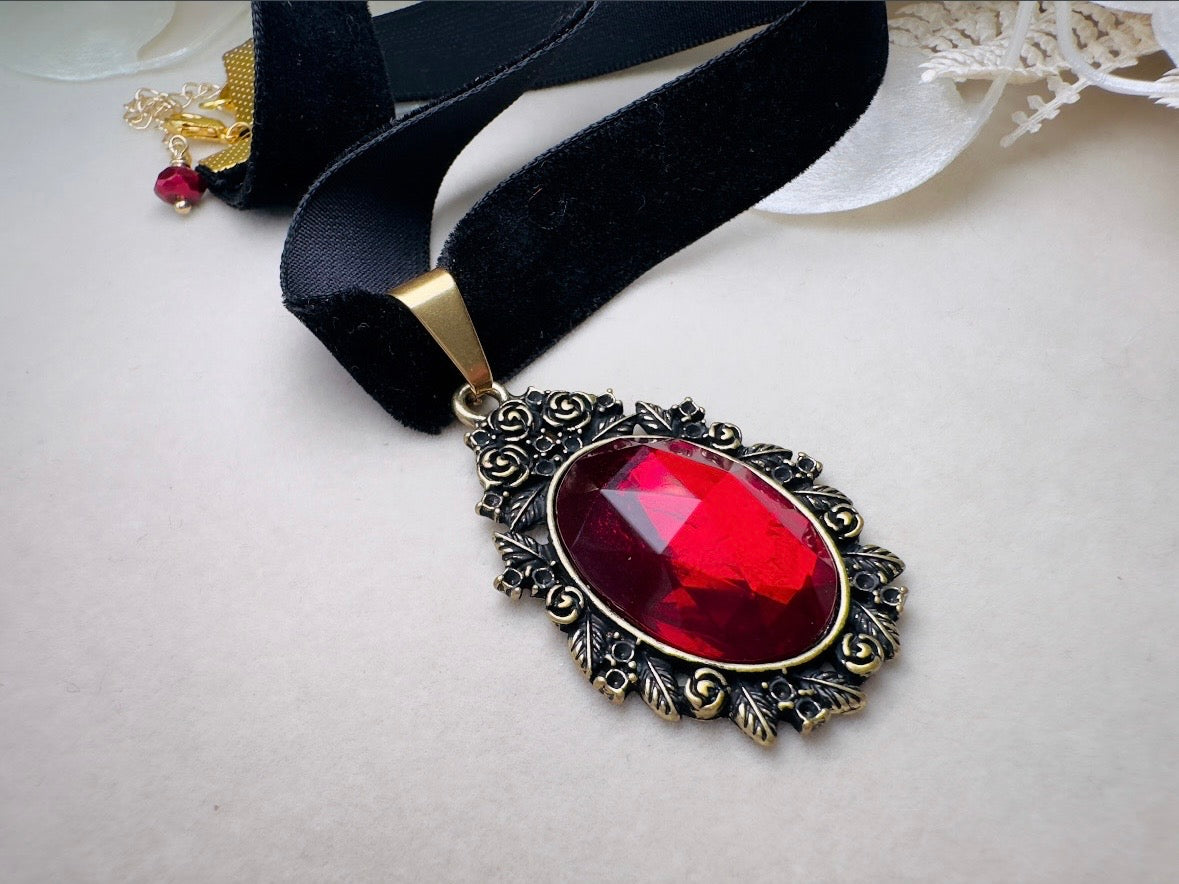 Black Velvet Choker Necklace with Red Bezel Set Crystal, Antique Gold Floral Pendant, Victorian Ribbon Choker with Glowing Faceted Cabochon