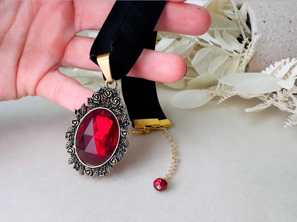 Black Velvet Choker Necklace with Red Bezel Set Crystal, Antique Gold Floral Pendant, Victorian Ribbon Choker with Glowing Faceted Cabochon