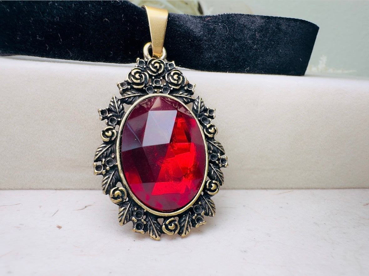 Black Velvet Choker Necklace with Red Bezel Set Crystal, Antique Gold Floral Pendant, Victorian Ribbon Choker with Glowing Faceted Cabochon