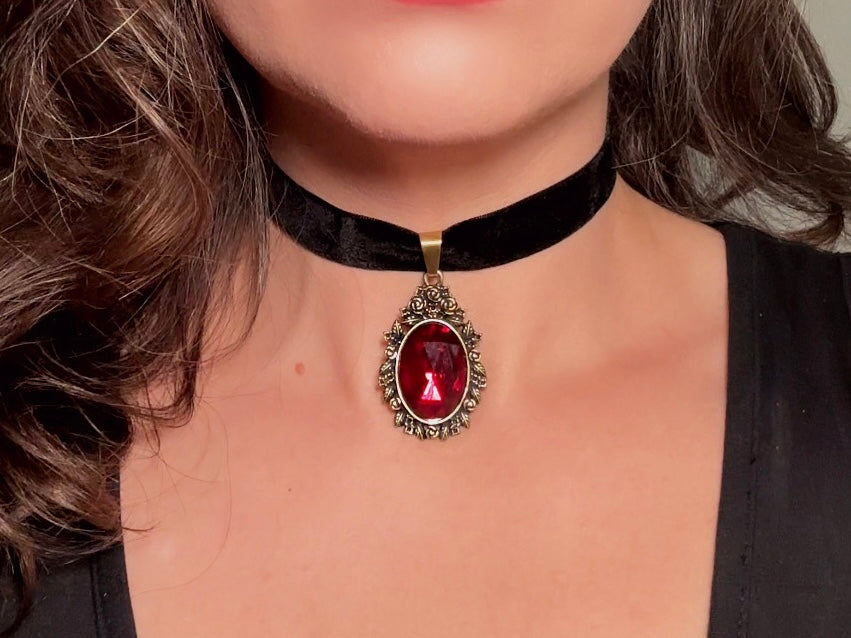 Black Velvet Choker Necklace with Red Bezel Set Crystal, Antique Gold Floral Pendant, Victorian Ribbon Choker with Glowing Faceted Cabochon