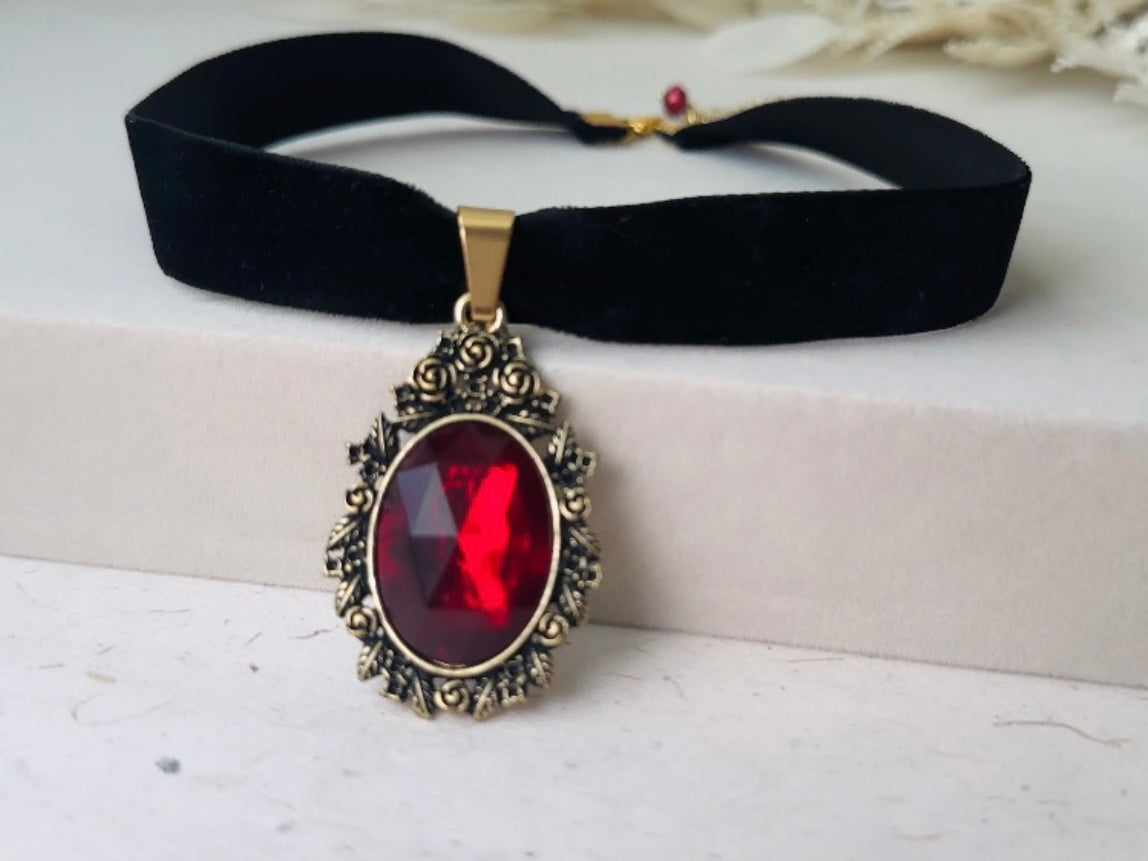 Black Velvet Choker Necklace with Red Bezel Set Crystal, Antique Gold Floral Pendant, Victorian Ribbon Choker with Glowing Faceted Cabochon