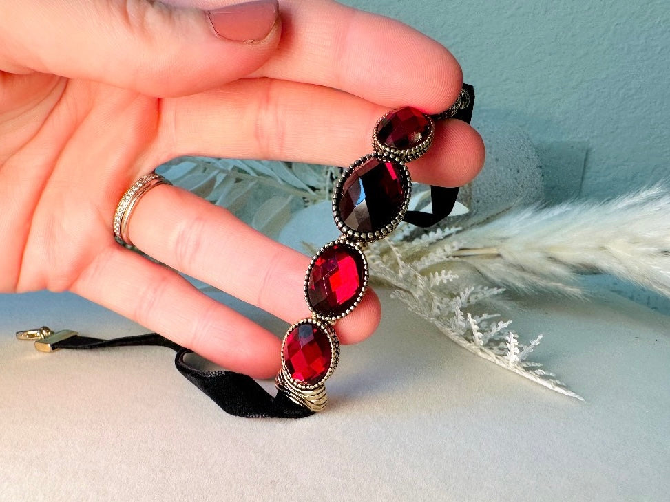 Black Velvet Choker with Red Cabochons, Vintage Napier Necklace, Dramatic 1980s Victorian Revival Necklace
