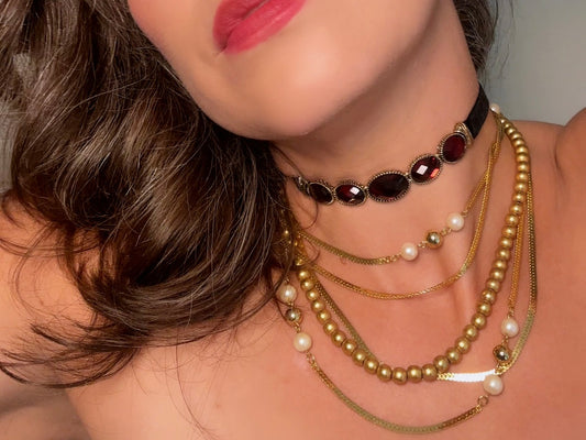 Black Velvet Choker with Red Cabochons, Vintage Napier Necklace, Dramatic 1980s Victorian Revival Necklace 15" Soft Velvet Ribbon