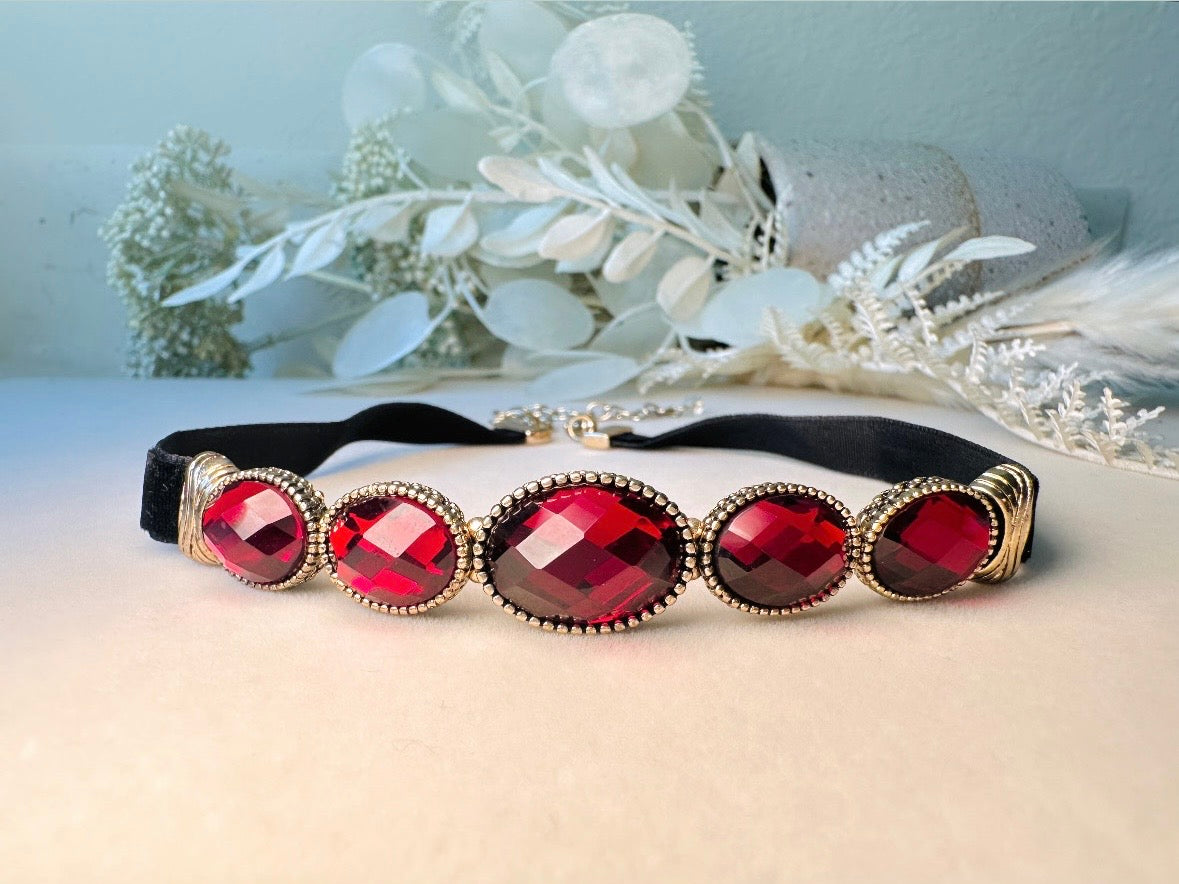 Black Velvet Choker with Red Cabochons, Vintage Napier Necklace, Dramatic 1980s Victorian Revival Necklace 15" Soft Velvet Ribbon