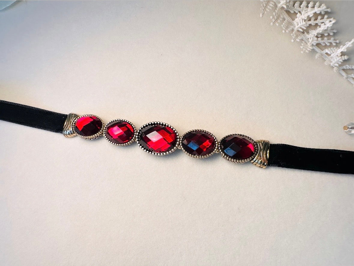 Black Velvet Choker with Red Cabochons, Vintage Napier Necklace, Dramatic 1980s Victorian Revival Necklace 15" Soft Velvet Ribbon