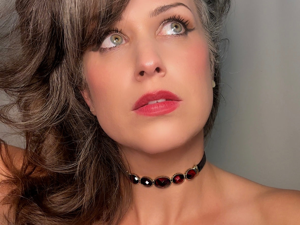 Black Velvet Choker with Red Cabochons, Vintage Napier Necklace, Dramatic 1980s Victorian Revival Necklace