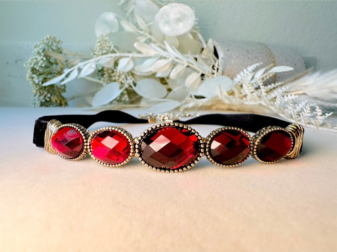 Black Velvet Choker with Red Cabochons, Vintage Napier Necklace, Dramatic 1980s Victorian Revival Necklace
