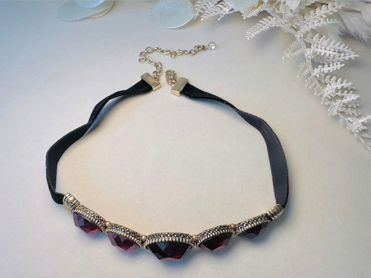 Black Velvet Choker with Red Cabochons, Vintage Napier Necklace, Dramatic 1980s Victorian Revival Necklace