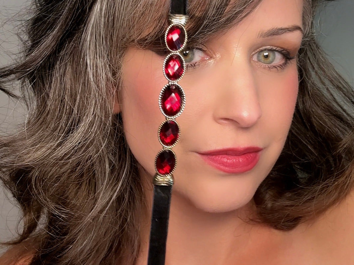 Black Velvet Choker with Red Cabochons, Vintage Napier Necklace, Dramatic 1980s Victorian Revival Necklace