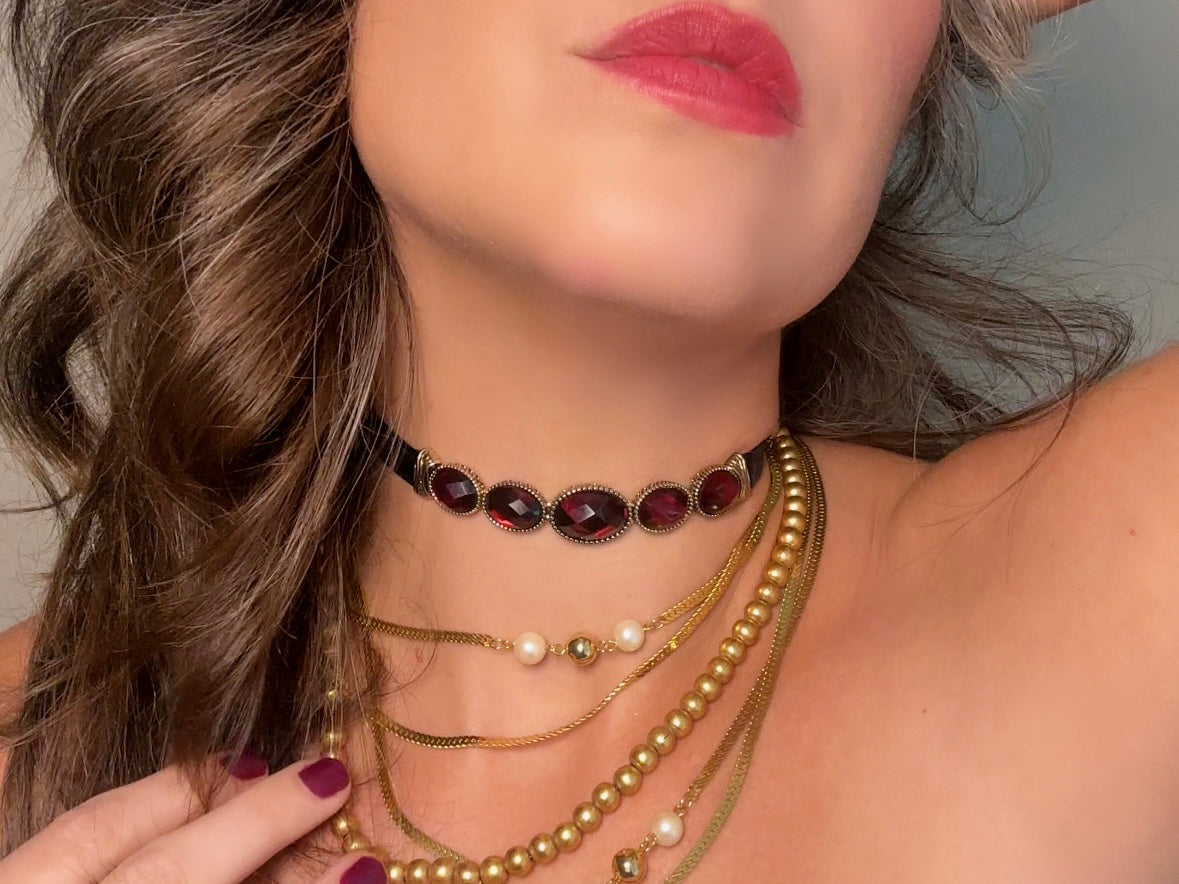 Black Velvet Choker with Red Cabochons, Vintage Napier Necklace, Dramatic 1980s Victorian Revival Necklace