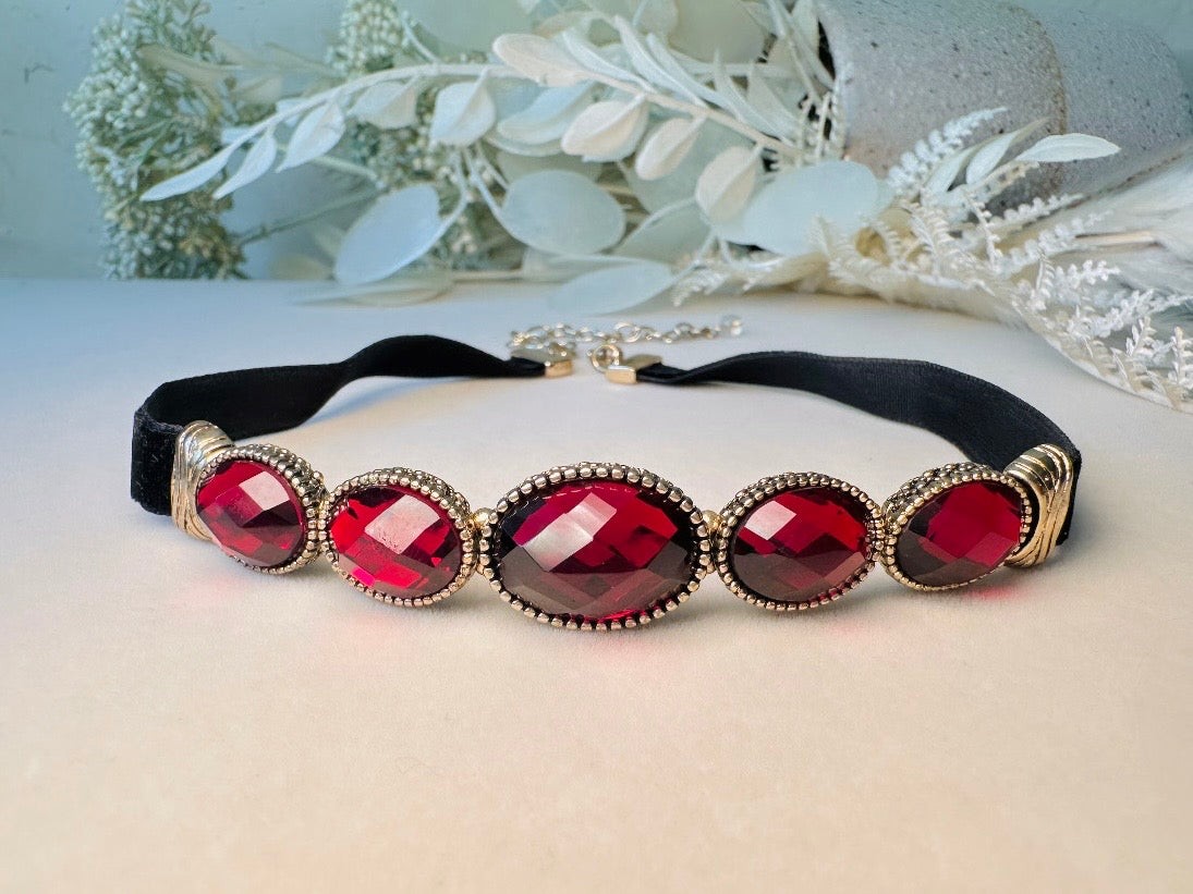 Black Velvet Choker with Red Cabochons, Vintage Napier Necklace, Dramatic 1980s Victorian Revival Necklace