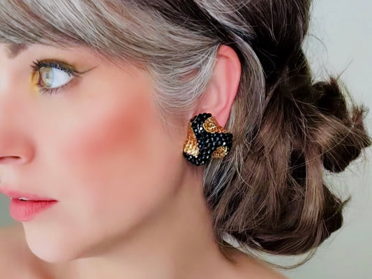 Black and Gold Richard Kerr Vintage Statement Earrings, Swarovski Pave Set Crystal Clip On Earrings, Rare Designer Vintage 1980s Earrings from Piggle and Pop
