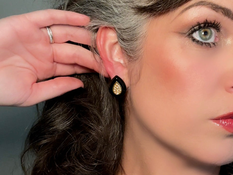 Black and Gold Teardrop Earrings with Pave Crystal Center, Vintage Napier Enamel Post Earrings