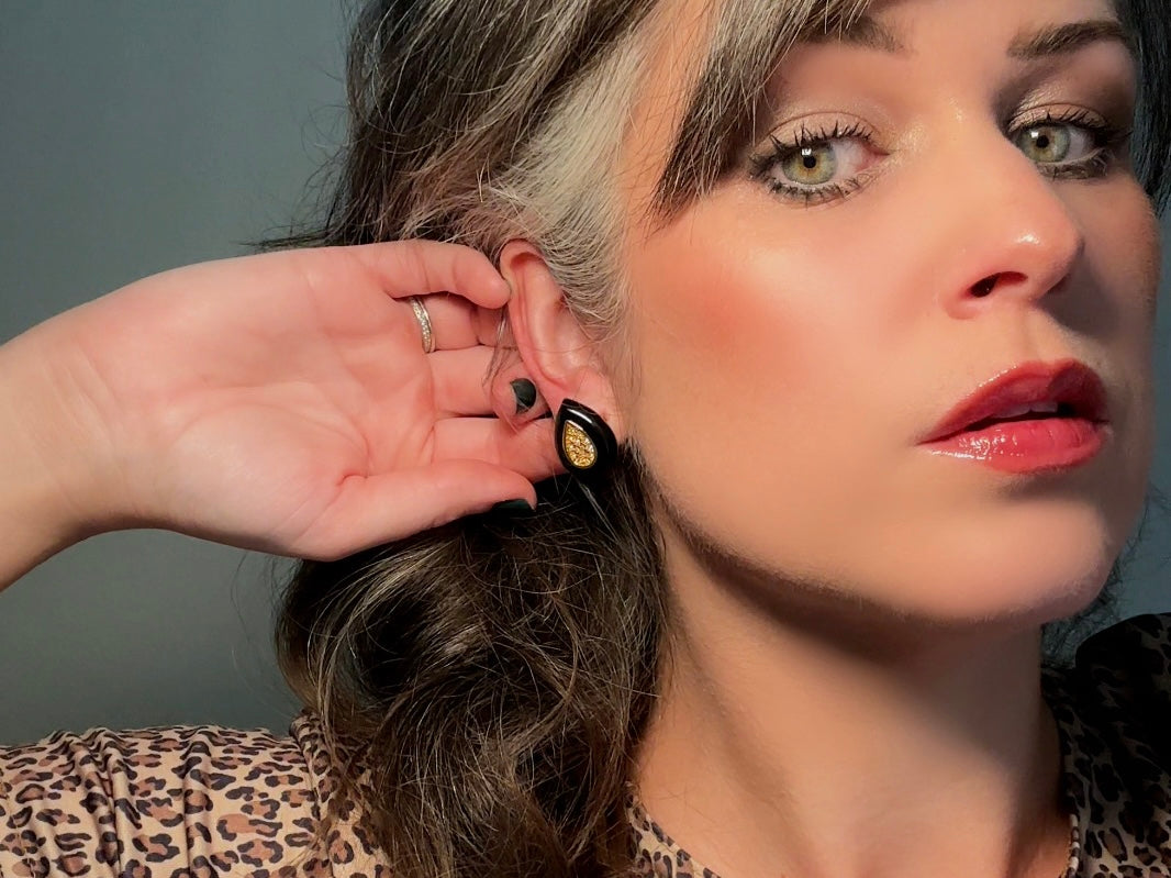 Black and Gold Teardrop Earrings with Pave Crystal Center, Vintage Napier Enamel Post Earrings