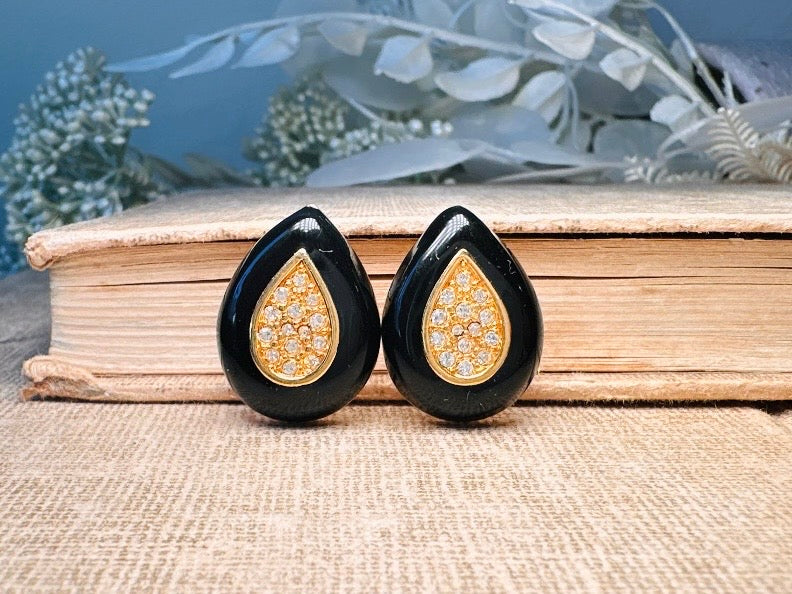 Black and Gold Teardrop Earrings with Pave Crystal Center, Vintage Napier Enamel Post Earrings