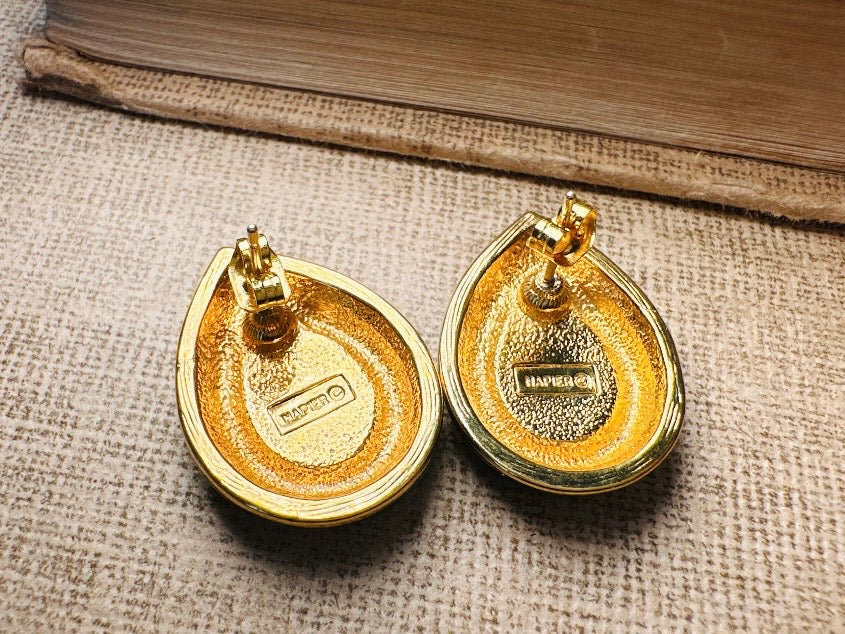 Black and Gold Teardrop Earrings with Pave Crystal Center, Vintage Napier Enamel Post Earrings