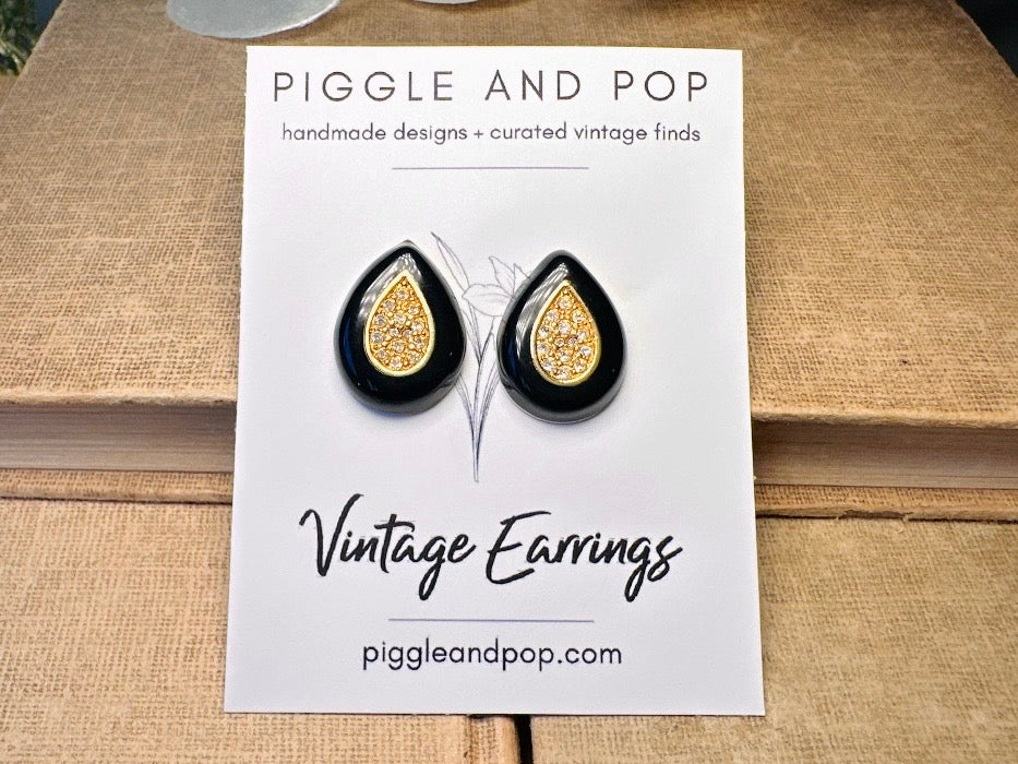 Black and Gold Teardrop Earrings with Pave Crystal Center, Vintage Napier Enamel Post Earrings