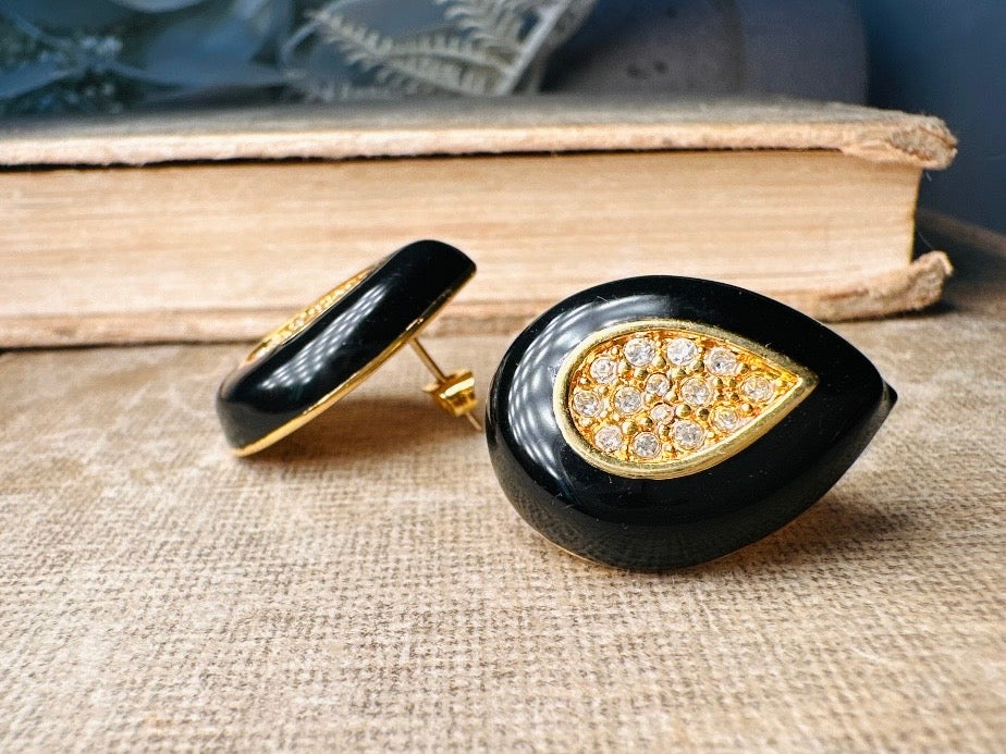Black and Gold Teardrop Earrings with Pave Crystal Center, Vintage Napier Enamel Post Earrings