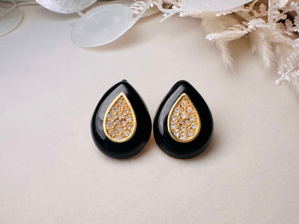 Black and Gold Teardrop Earrings with Pave Crystal Center, Vintage Napier Enamel Post Earrings