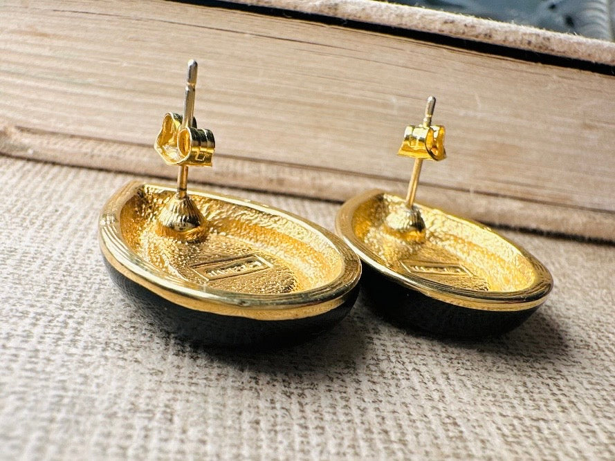 Black and Gold Teardrop Earrings with Pave Crystal Center, Vintage Napier Enamel Post Earrings