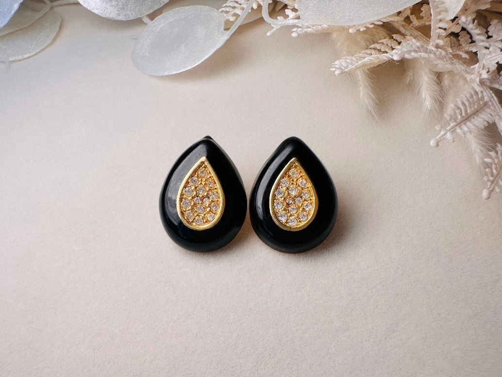 Black and Gold Teardrop Earrings with Pave Crystal Center, Vintage Napier Enamel Post Earrings