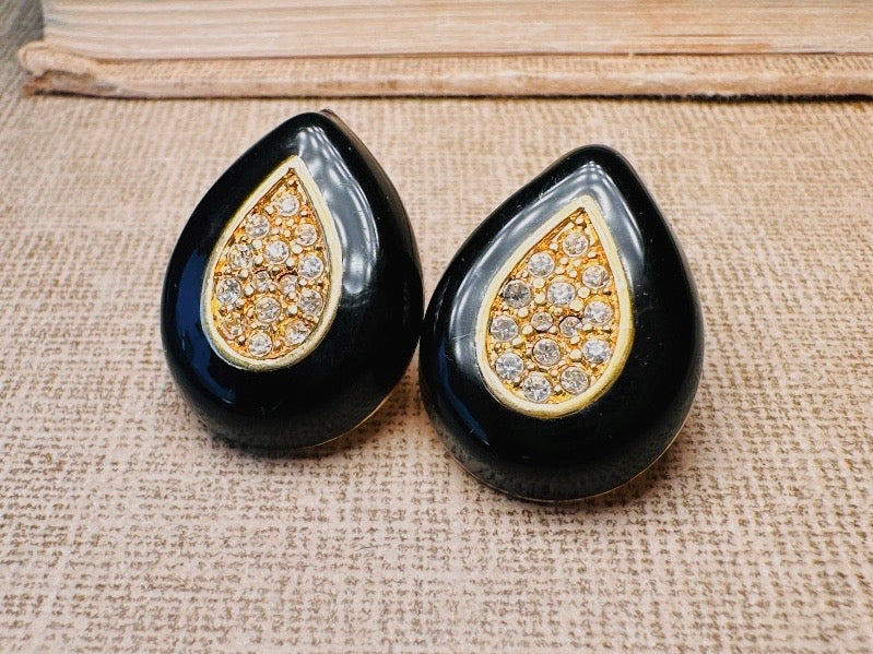Black and Gold Teardrop Earrings with Pave Crystal Center, Vintage Napier Enamel Post Earrings