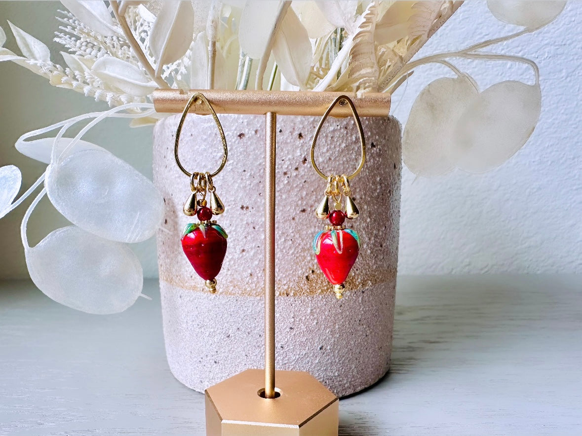 Strawberry Earrings, Original Handmade 24k Gold + Murano Glass Earring, Unique Fruit Charm Earrings, Glass Strawberry Earrings Pink or Red from Piggle and Pop