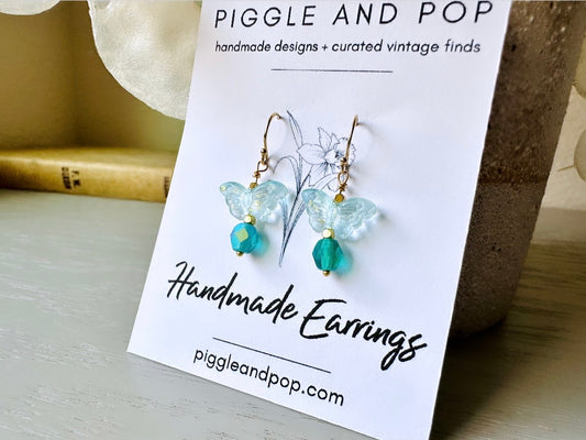 Blue Butterfly Earrings, Handmade Aqua Blue & Gilded Gold Dainty Dangle Earrings, 14kt Gold Delicate Gold Glass Whimsical Butterfly Earrings