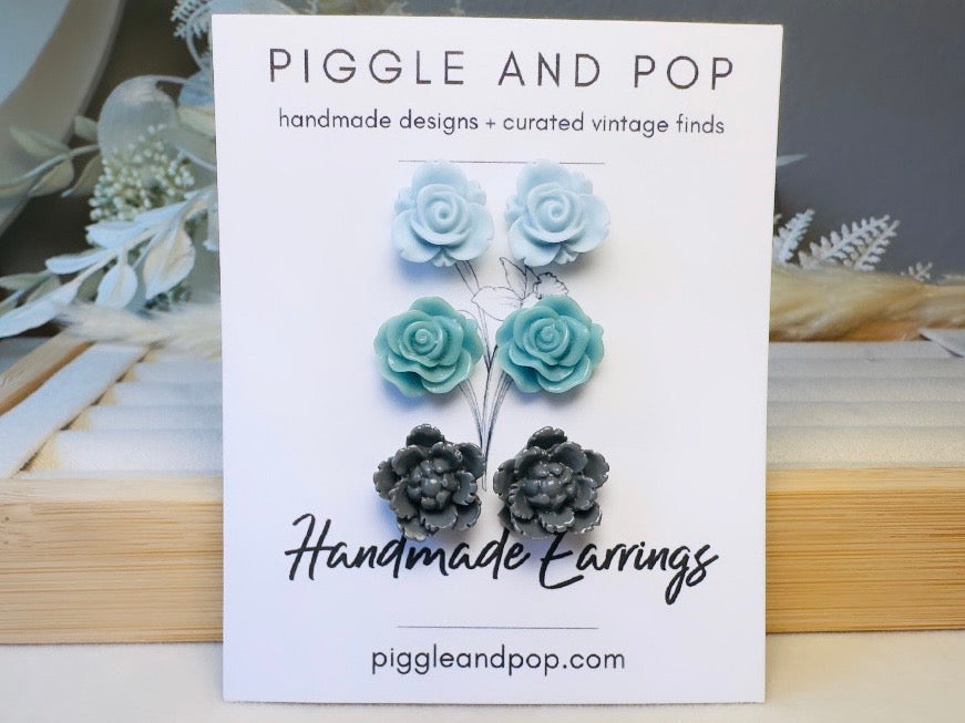 Blue Flower Earrings Set, Handmade Floral Hypoallergenic Surgical Steel Post Earrings