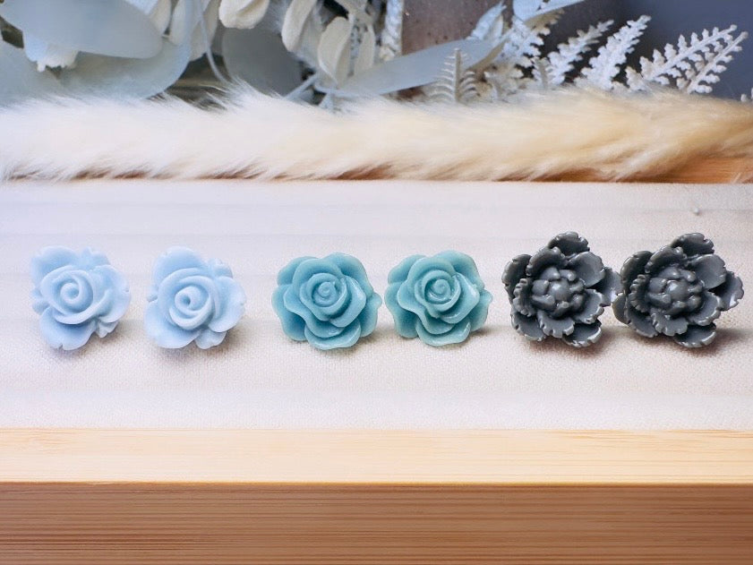 Blue Flower Earrings Set, Handmade Floral Hypoallergenic Surgical Steel Post Earrings