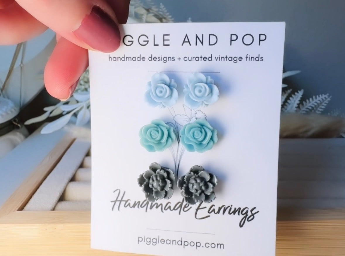 Blue Flower Earrings Set, Handmade Floral Hypoallergenic Surgical Steel Post Earrings
