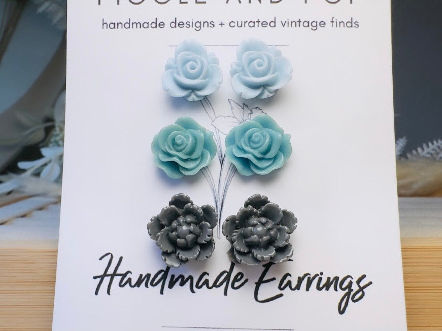 Blue Flower Earrings Set, Handmade Floral Hypoallergenic Surgical Steel Post Earrings