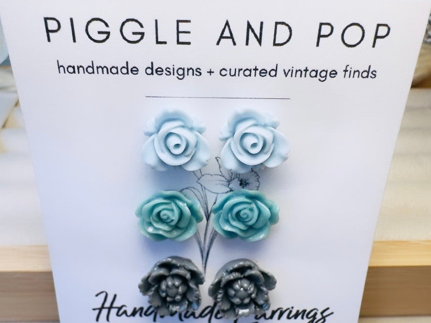 Blue Flower Earrings Set, Handmade Floral Hypoallergenic Surgical Steel Post Earrings