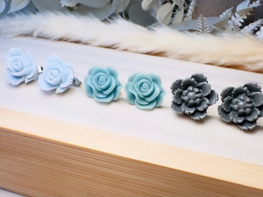 Blue Flower Earrings Set, Handmade Floral Hypoallergenic Surgical Steel Post Earrings