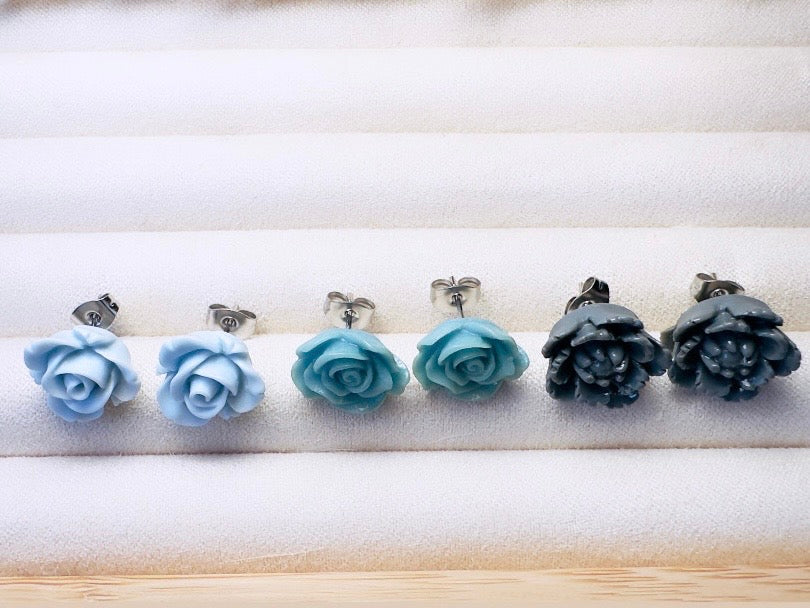 Blue Flower Earrings Set, Handmade Floral Hypoallergenic Surgical Steel Post Earrings