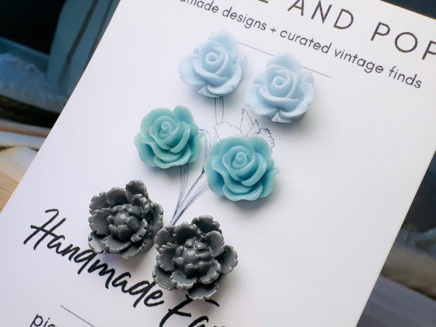 Blue Flower Earrings Set, Handmade Floral Hypoallergenic Surgical Steel Post Earrings