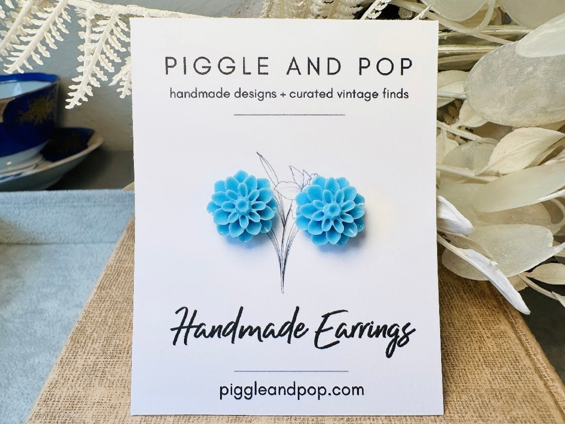 Blue Flower Earrings, Sky Blue Floral Stud Earrings, Large Chrysanthemum Post Earrings, Hypoallergenic Surgical Steel