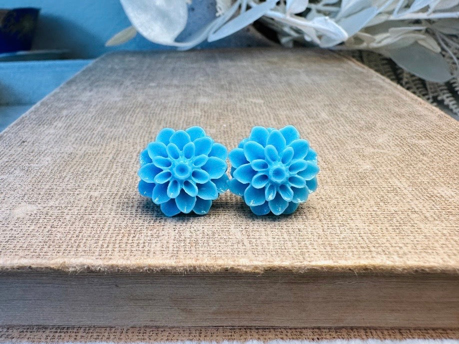 Blue Flower Earrings, Sky Blue Floral Stud Earrings, Large Chrysanthemum Post Earrings, Hypoallergenic Surgical Steel