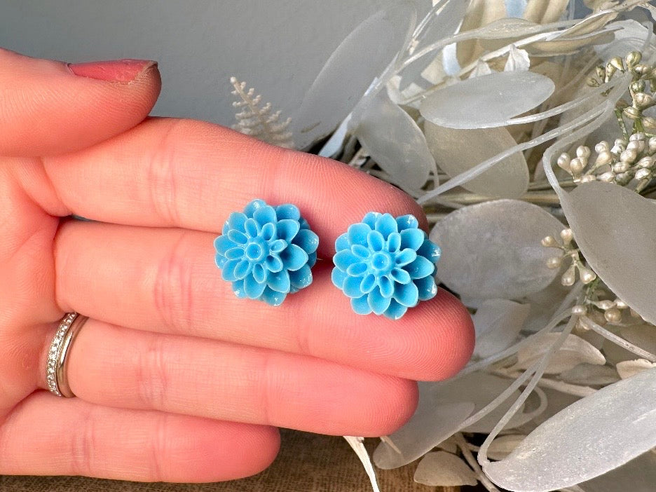 Blue Flower Earrings, Sky Blue Floral Stud Earrings, Large Chrysanthemum Post Earrings, Hypoallergenic Surgical Steel