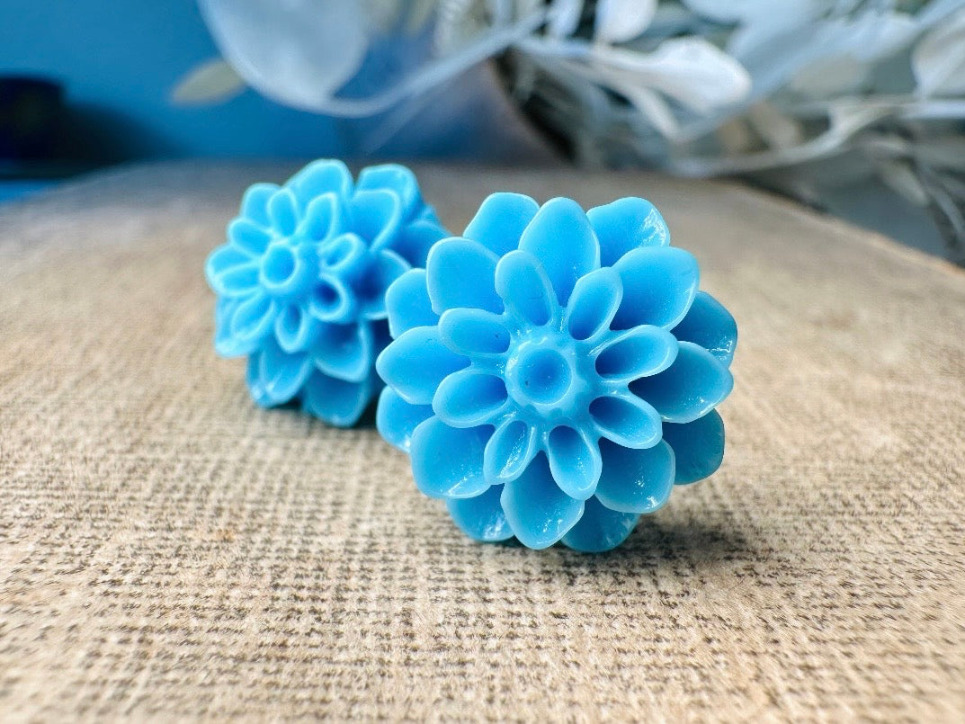 Blue Flower Earrings, Sky Blue Floral Stud Earrings, Large Chrysanthemum Post Earrings, Hypoallergenic Surgical Steel