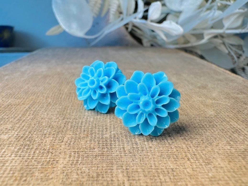 Blue Flower Earrings, Sky Blue Floral Stud Earrings, Large Chrysanthemum Post Earrings, Hypoallergenic Surgical Steel