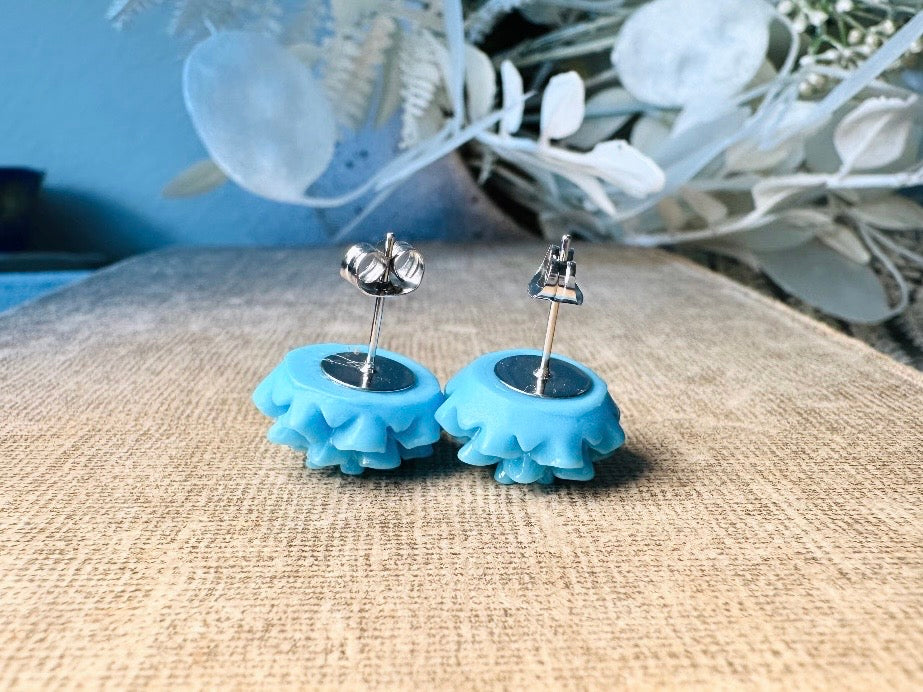 Blue Flower Earrings, Sky Blue Floral Stud Earrings, Large Chrysanthemum Post Earrings, Hypoallergenic Surgical Steel