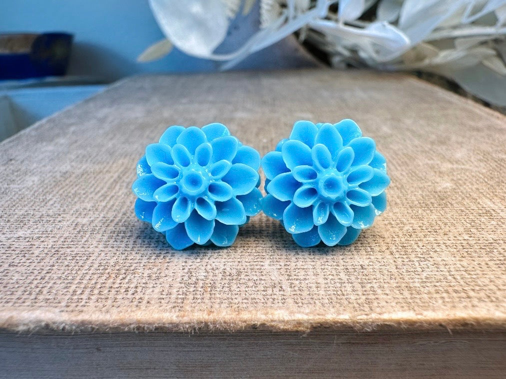 Blue Flower Earrings, Sky Blue Floral Stud Earrings, Large Chrysanthemum Post Earrings, Hypoallergenic Surgical Steel
