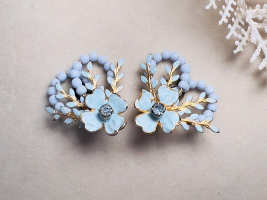 Blue Flower Earrings, Whimsical 60s Vintage Earrings, Rare Coquette Style Beaded Floral Enamel Earrings with Crystals