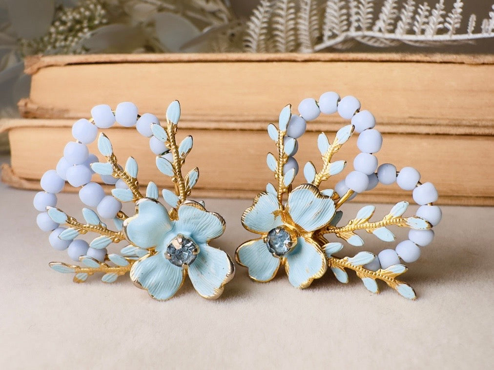 Blue Flower Earrings, Whimsical 60s Vintage Earrings, Rare Coquette Style Beaded Floral Enamel Earrings with Crystals